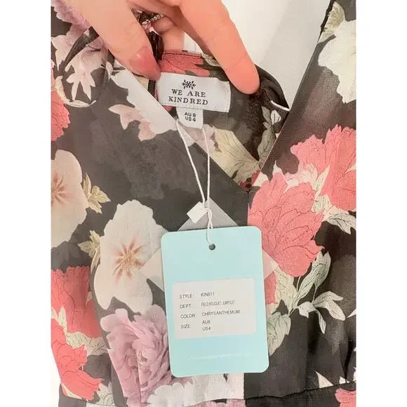 NWT We Are Kindred Field Bouquet Jumpsuit Size 4 Black Floral Wide Leg